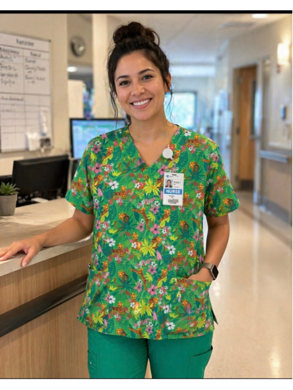 Women's Divine Stretch Green Floral Leopard Print Scrub Top XL